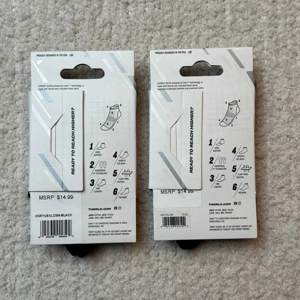 Thorlos Experia Silver Socks Unisex Med‎ Black Arch Support Cushioned Breathable